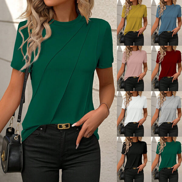 Solid Color Round Neck Short Sleeves Loose T-shirt - Image 4