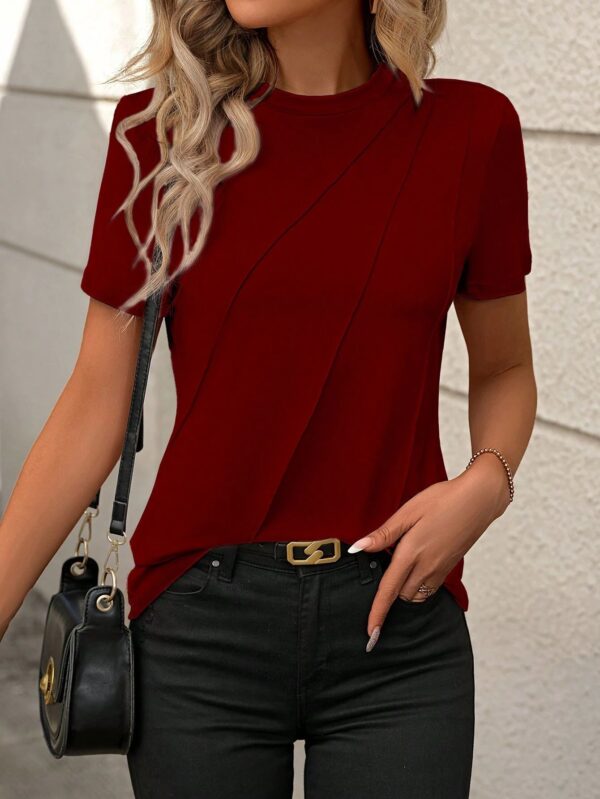 Solid Color Round Neck Short Sleeves Loose T-shirt - Image 7