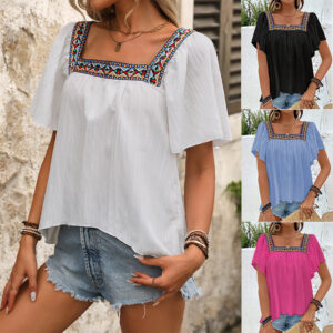 Square Collar Shirt Pullover Short Sleeve Backless Shirt