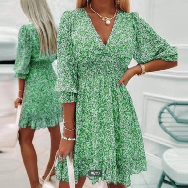 Womens Boho Floral Deep V Neck Smocked Elastic Waist Casual A-Line Swing Mini Dress Sundress - Image 3