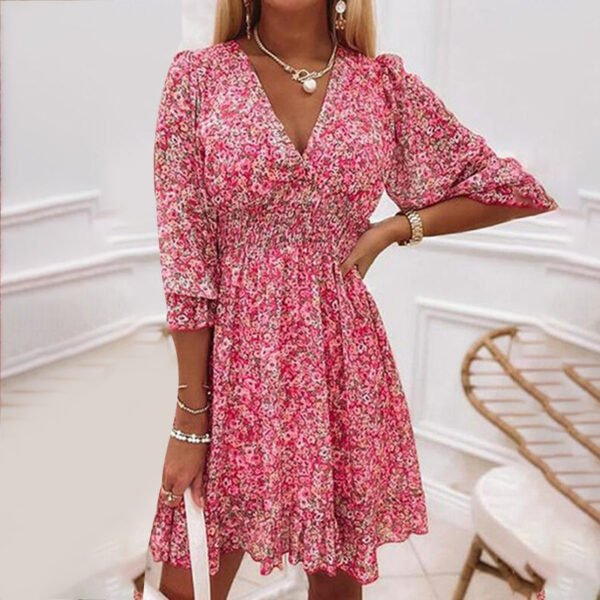 Womens Boho Floral Deep V Neck Smocked Elastic Waist Casual A-Line Swing Mini Dress Sundress - Image 4