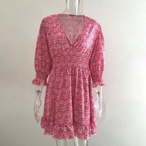 Womens Boho Floral Deep V Neck Smocked Elastic Waist Casual A-Line Swing Mini Dress Sundress - Image 2