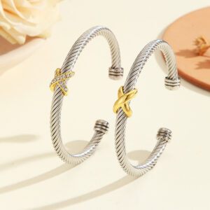 Fashionable Personalized 8-character Cross Steel Wire Bracelet,Open Bracelet 1PCS, Simple Versatile Trendy Diamond Bracelet, Suitable For Men And Women To Wear, Holiday Jewelry Gift