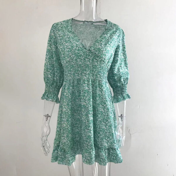 Womens Boho Floral Deep V Neck Smocked Elastic Waist Casual A-Line Swing Mini Dress Sundress - Image 6