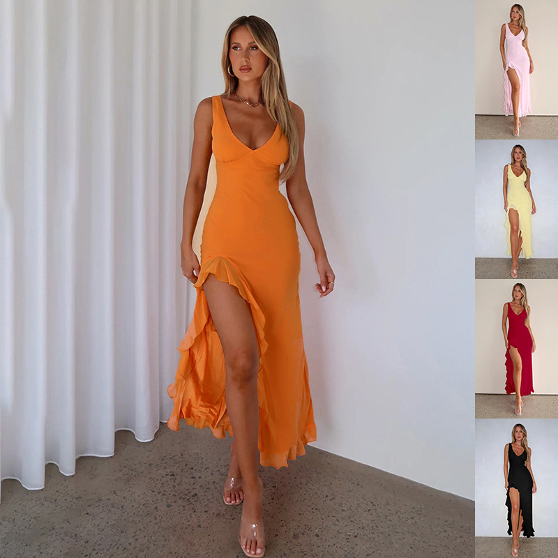 Elegant Ruffled V-Neck High-Slit Dress shopsparkling.com