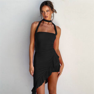 shopsparkling Ruched ruffle halter mini dress in a bodycon fit, perfect for a night out