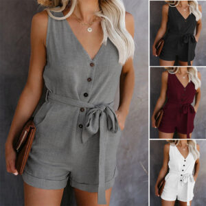 Belted V-Neck Button-Front Romper