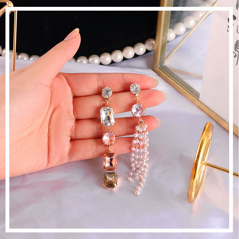 shopsaprkling Exaggerated Asymmetrical Crystal Pearl Earrings