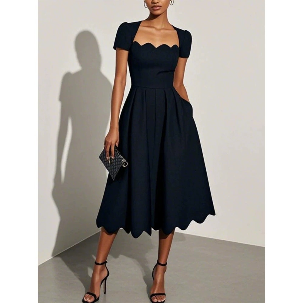 shopsparkling-Black-square-collar-midi-dress