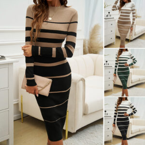 Elegant Contrast Long-Sleeve Midi Dress