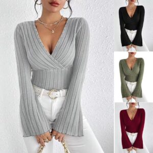 Flared Sleeve V-Neck Ribbed Blouse