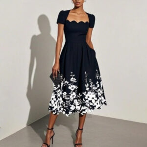 shopsparkling-Printed Black-square-collar-midi-dress